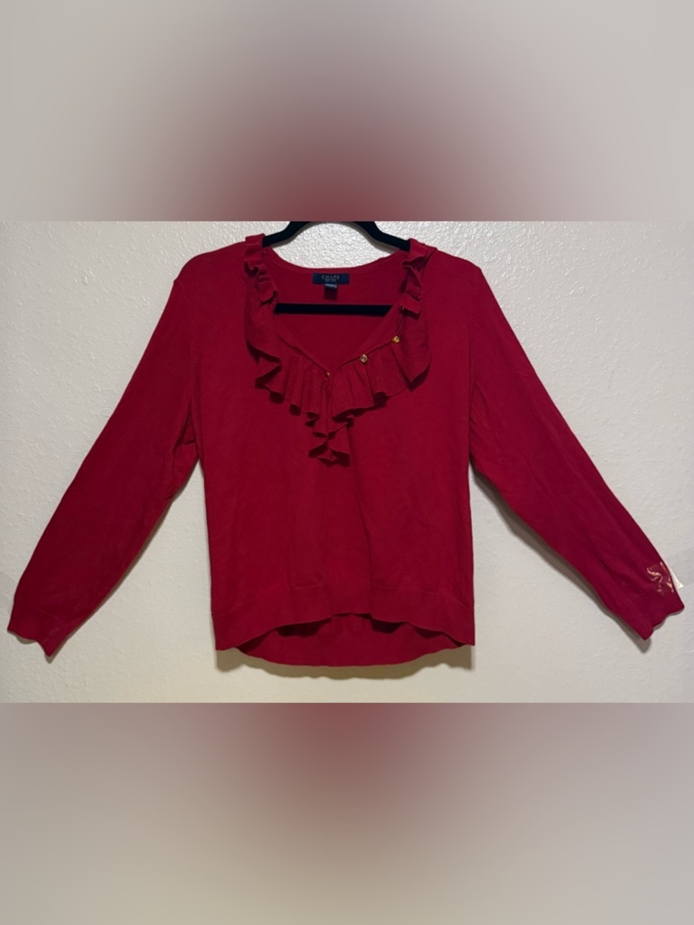 Chaps Red Ruffle Front Knit Sweater | Button Long Sleeve | XL - Picture 2 of 4
